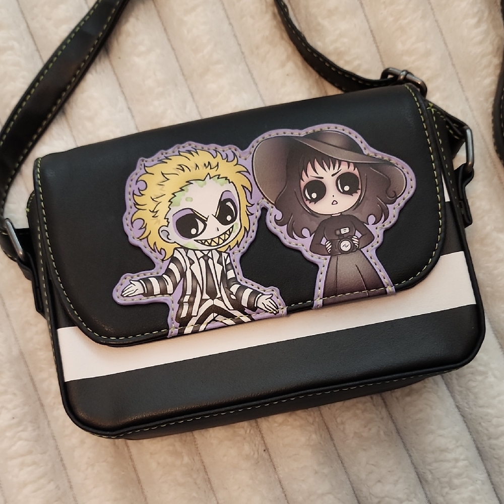Loungefly Beetlejuice Black & White Graphic Crossbody Bag with Character Patch